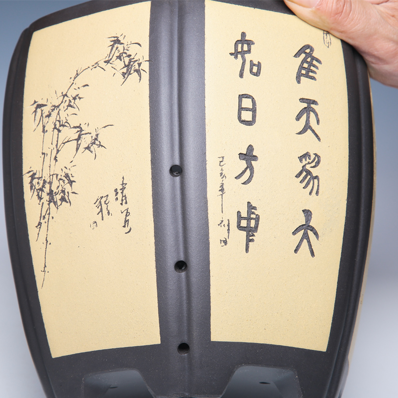 宜兴紫砂花盆精品陶瓷手工室内高档六角兰花专用盆透气客厅带底座