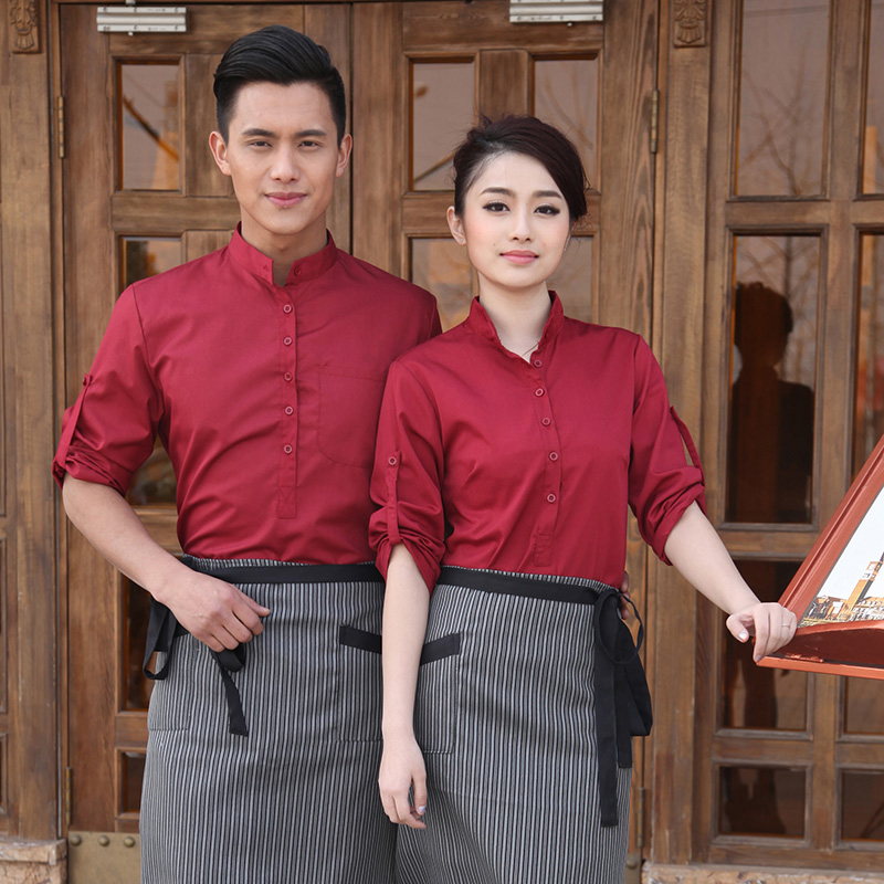 服务员酒店衬衫工作服秋冬长袖咖啡西餐厅制服男女七分袖印字logo