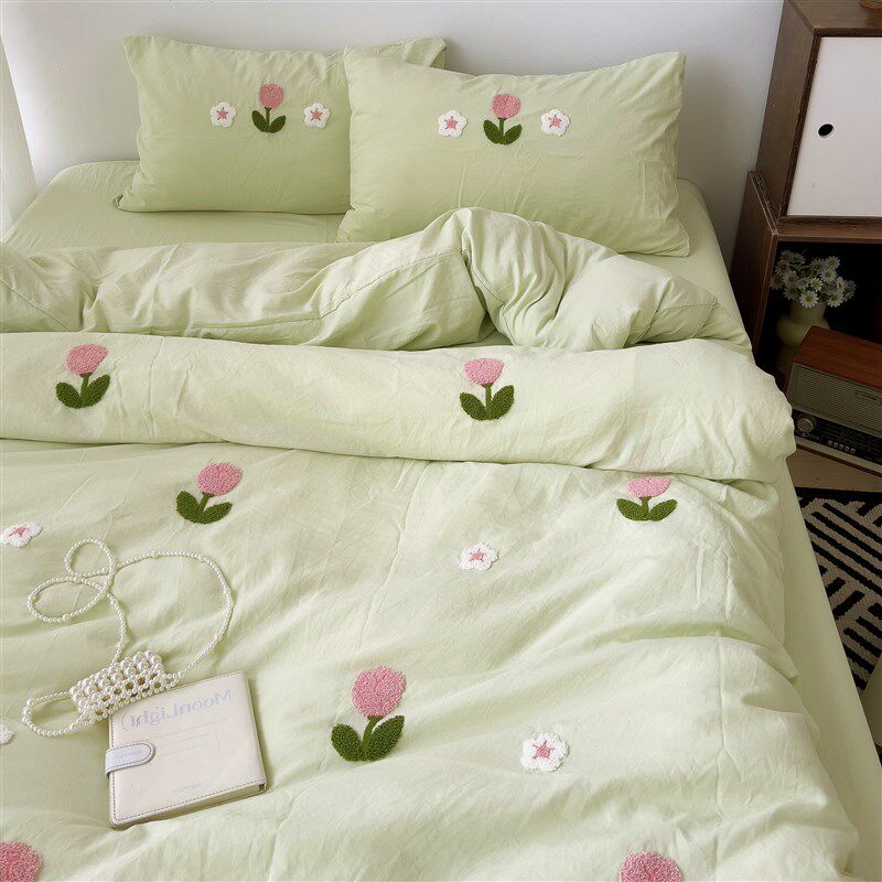 绿色郁金香毛巾绣水洗棉四件套纯棉全棉床单被套床笠宿舍三件套