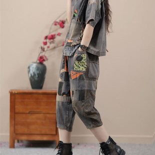 夏季新复古水洗拼色圆领短袖牛仔T恤松紧腰宽松休闲七分裤套装女