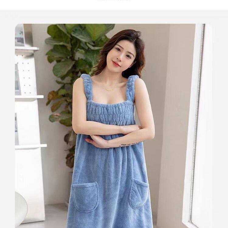 春夏款吊带浴裙睡裙女时尚性感吸水珊瑚绒不掉毛束发带干发毛巾