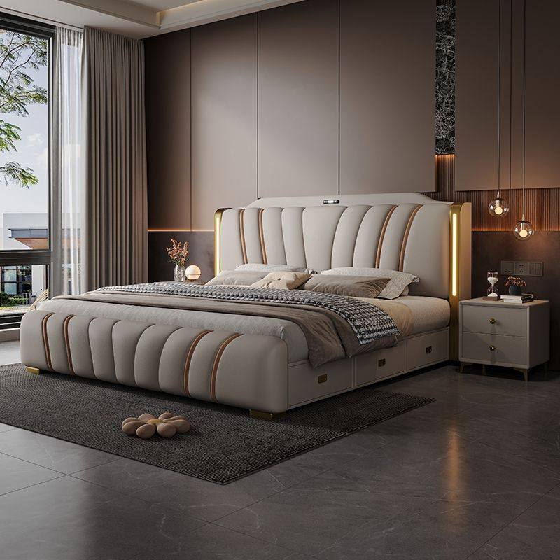 轻奢带灯简约现代真皮床高端大气储物婚床多功能主卧1.8x2米大床