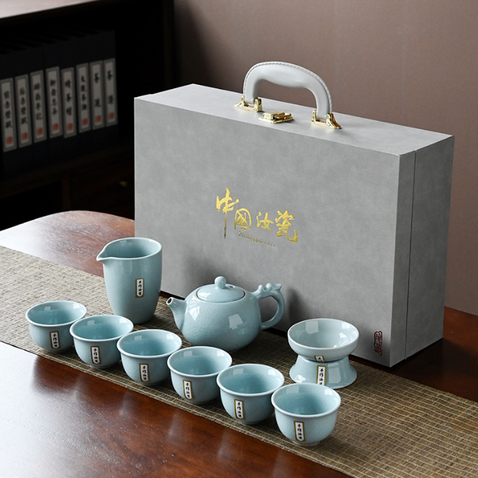 10头汝窑茶具套装整套高档茶具陶瓷中式礼品伴手礼精致礼盒装
