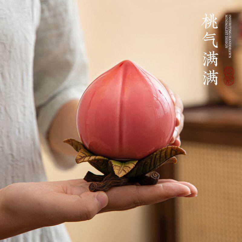 桃气满满新款桃子茶叶罐陶瓷家用茶仓创意密封储存罐摆件茶罐寿桃
