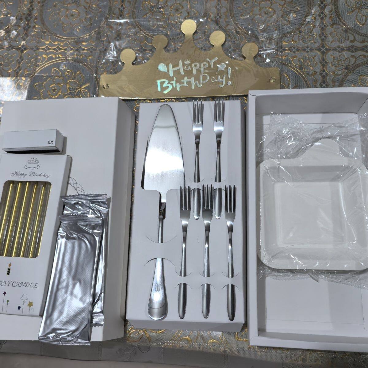 高档一次性不绣钢餐具七合一组合生日蛋糕餐具蜡烛帽套装(定制)