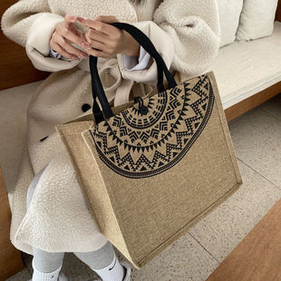 黄麻纽扣手提袋单肩麻布旅行袋子手拎帆布包大容量便当饭盒购物袋