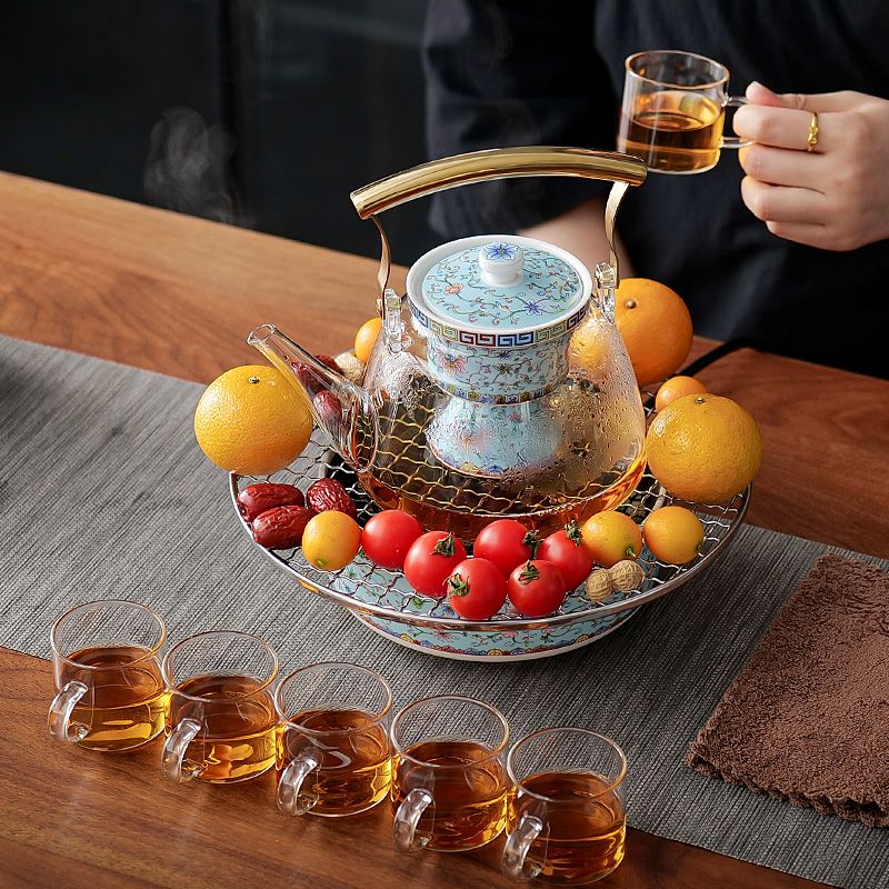 网红珐琅彩玻璃煮茶器套装家用茶具蒸煮茶壶陶瓷电陶炉耐热蒸汽壶