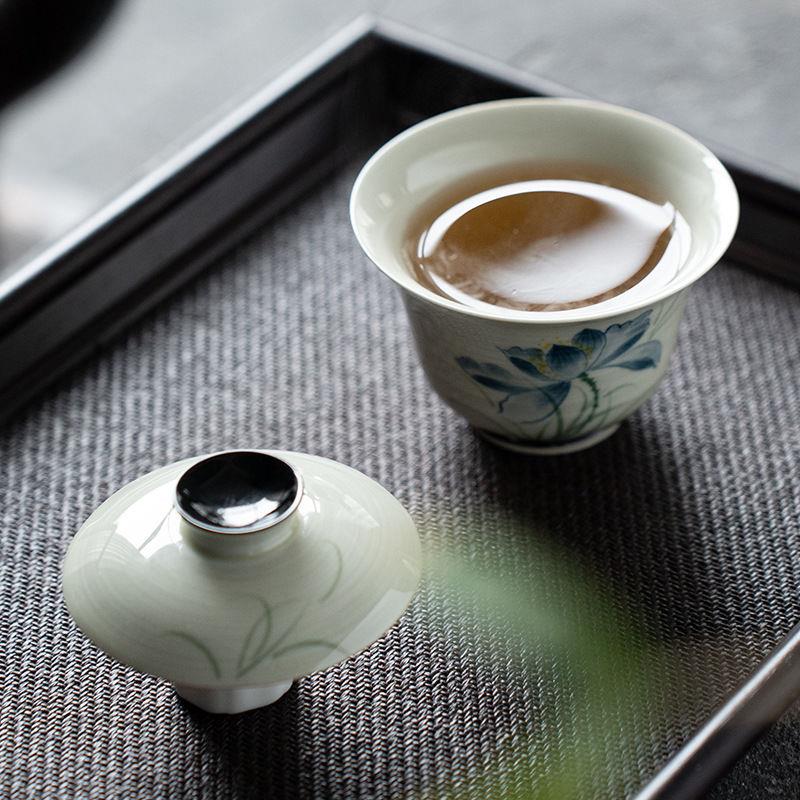 手绘二才盖碗茶杯单个茶碗