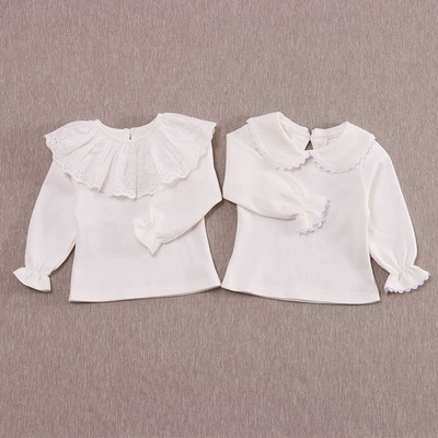 婴儿上衣女童长袖t恤纯棉小童娃娃领加绒白色春秋冬女宝宝T打底衫