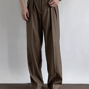 ONUN 宽松直筒廓形中缝西裤半松紧腰双褶阔腿休闲垂坠感抗皱长裤