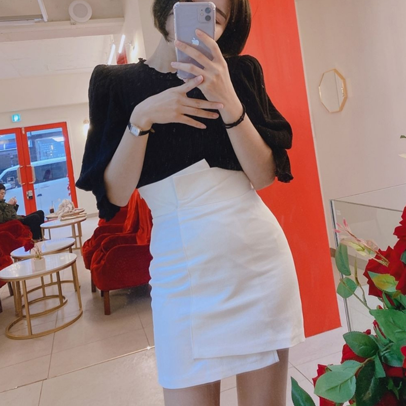 白色高腰半身裙不规则包臀裙女春秋新款修身裹裙黑色一步短裙显瘦