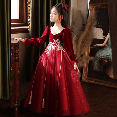 红色女童礼服秋冬轻奢小众高端钢琴主持人婚礼花童十岁生日公主裙