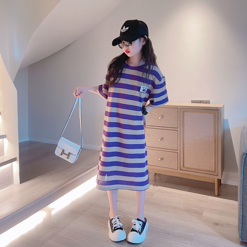 女童裙子夏装2023新款儿童洋气t恤裙中大童夏季条纹短袖连衣裙潮,童装/婴儿装/亲子装,连衣裙,淘宝优惠券,粉丝福利购,淘宝优惠卷