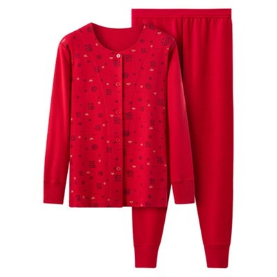 春织本命年大红中老年圆领精梳纯棉开衫秋衣秋裤套装老人保暖内衣