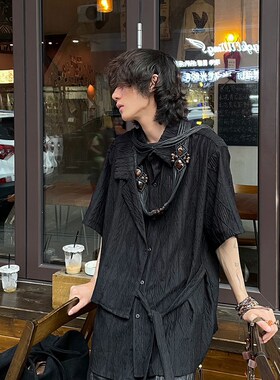 以休眠 夏季复古小众提花镂空肌理感新中式拼接绑带设计短袖衬衫