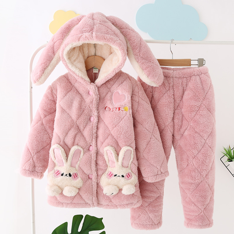 女童睡衣冬季加厚儿童家居服加绒夹棉法兰绒宝宝珊瑚绒大童套装