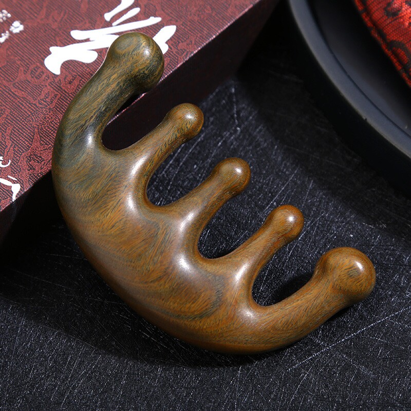 纯天然实木绿檀圆头穴位梳防静电大齿经络梳子五指宽齿身体按摩梳