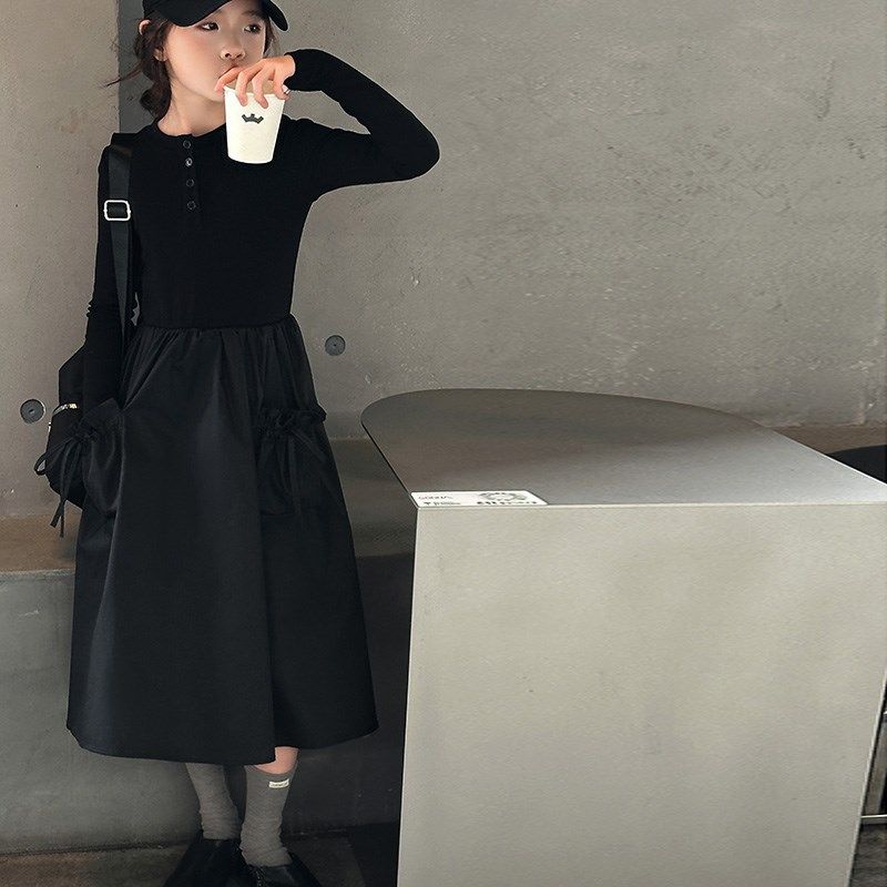 女童连衣裙春秋2024新款儿童中大童黑色显瘦打底长袖纯棉气质裙子