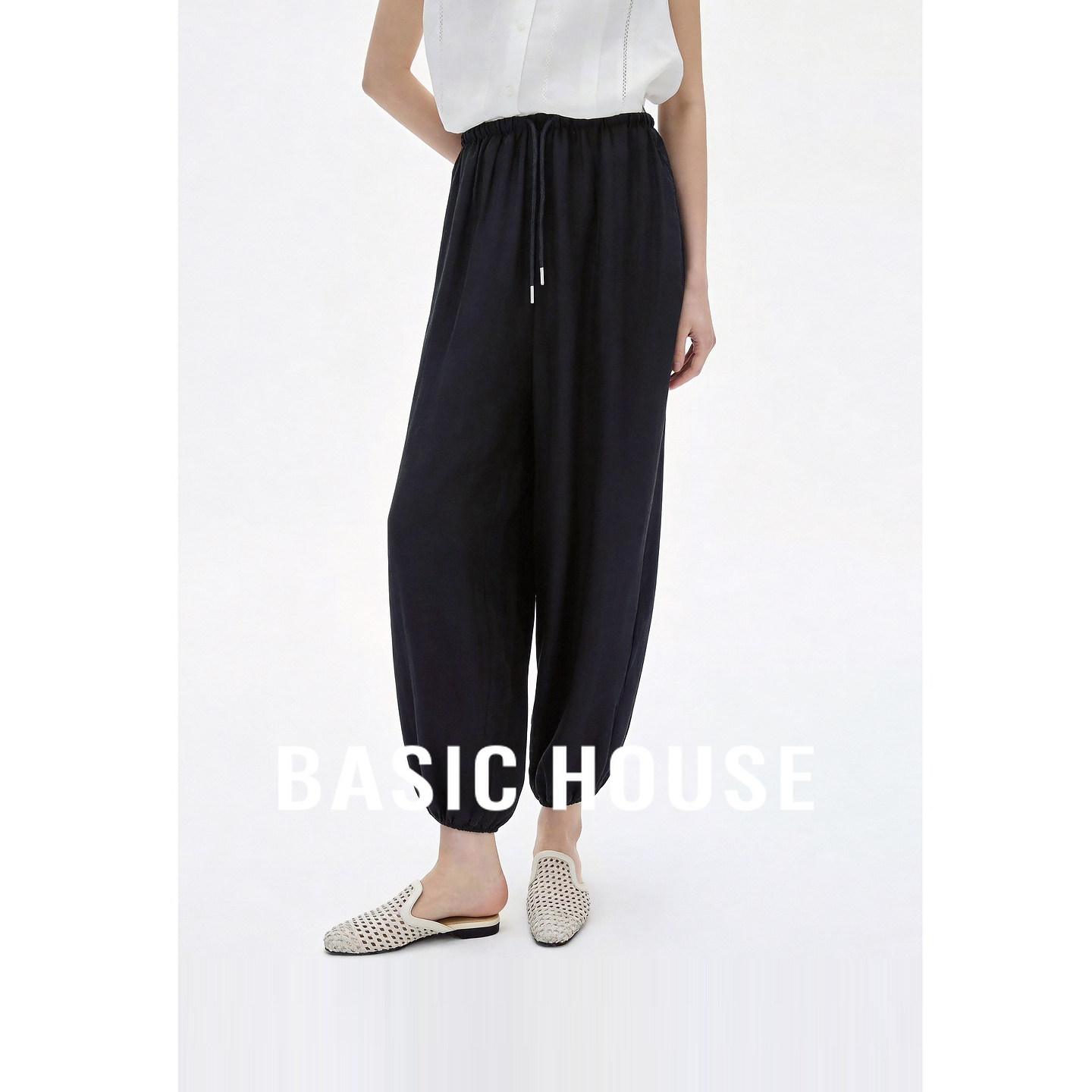 Basic House/百家好黑色松紧腰宽松灯笼裤女高级感时尚微喇休闲裤