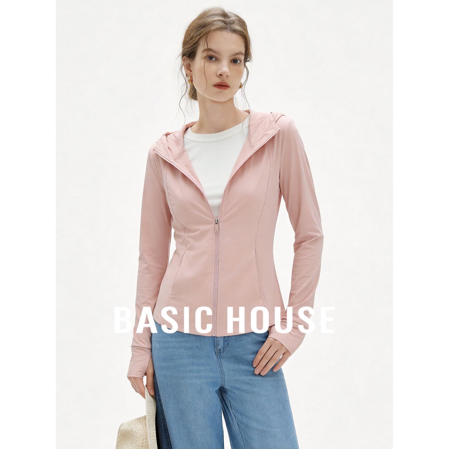 Basic House/百家好粉色修身连帽防晒服女2026夏薄款修身显瘦外套