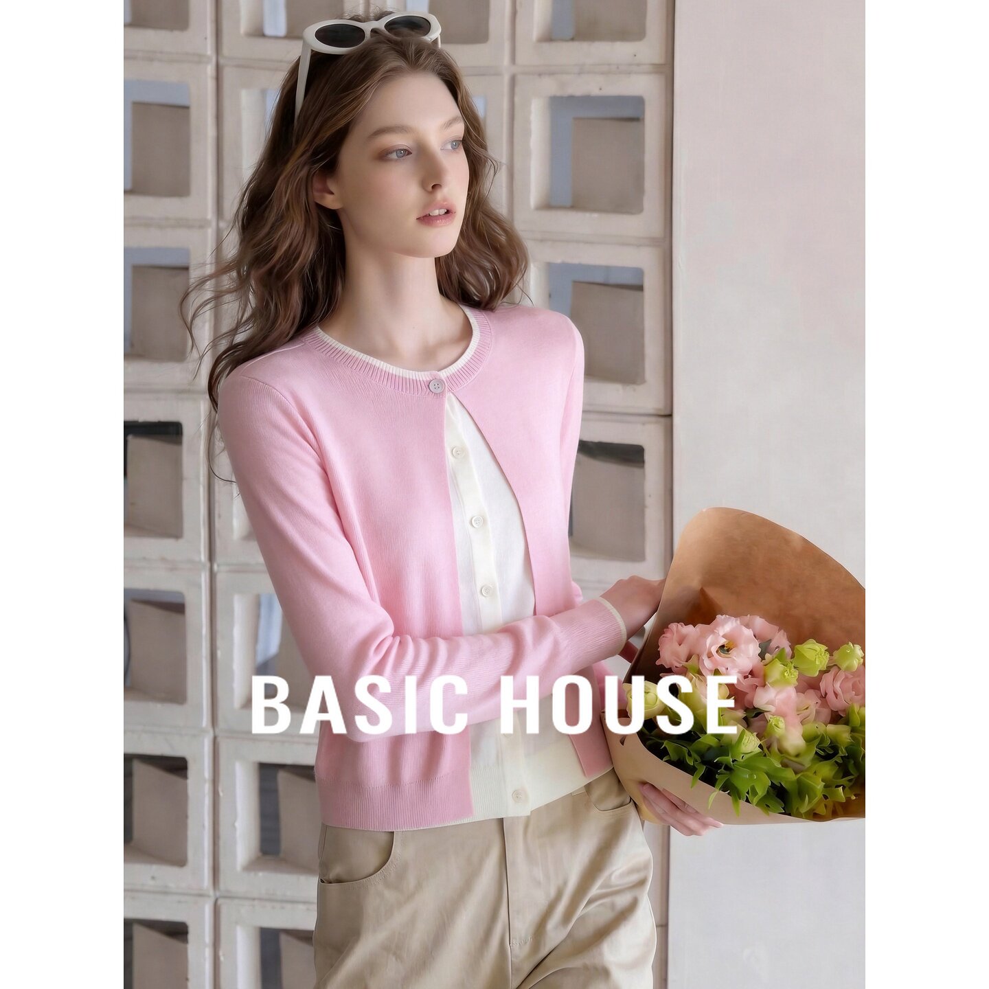 Basic House/百家好粉色羊毛圆领撞色假两件温柔风百搭针织开衫女