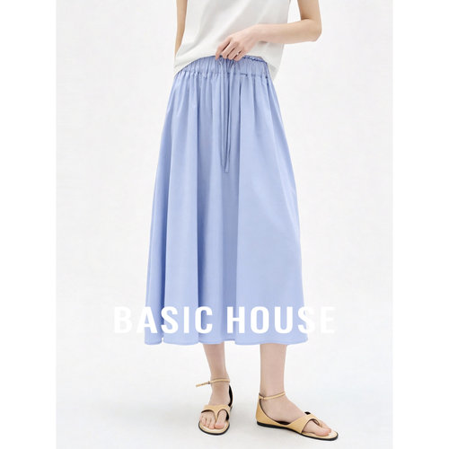 Basic House/百家好浅蓝色抽绳半身裙女2026新款宽松显瘦A字长裙