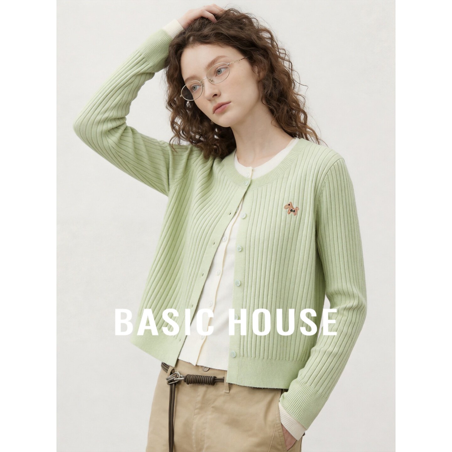 Basic House/百家好甜美风假两件针织开衫女秋季圆领舒适长袖上衣