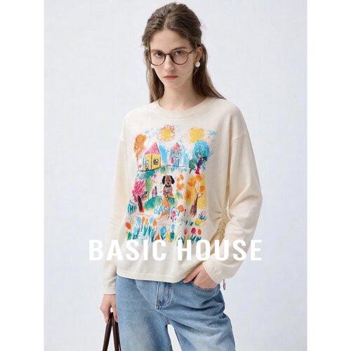 Basic House/百家好涂鸦风手绘印花圆领针织衫女宽松抽绳休闲上衣
