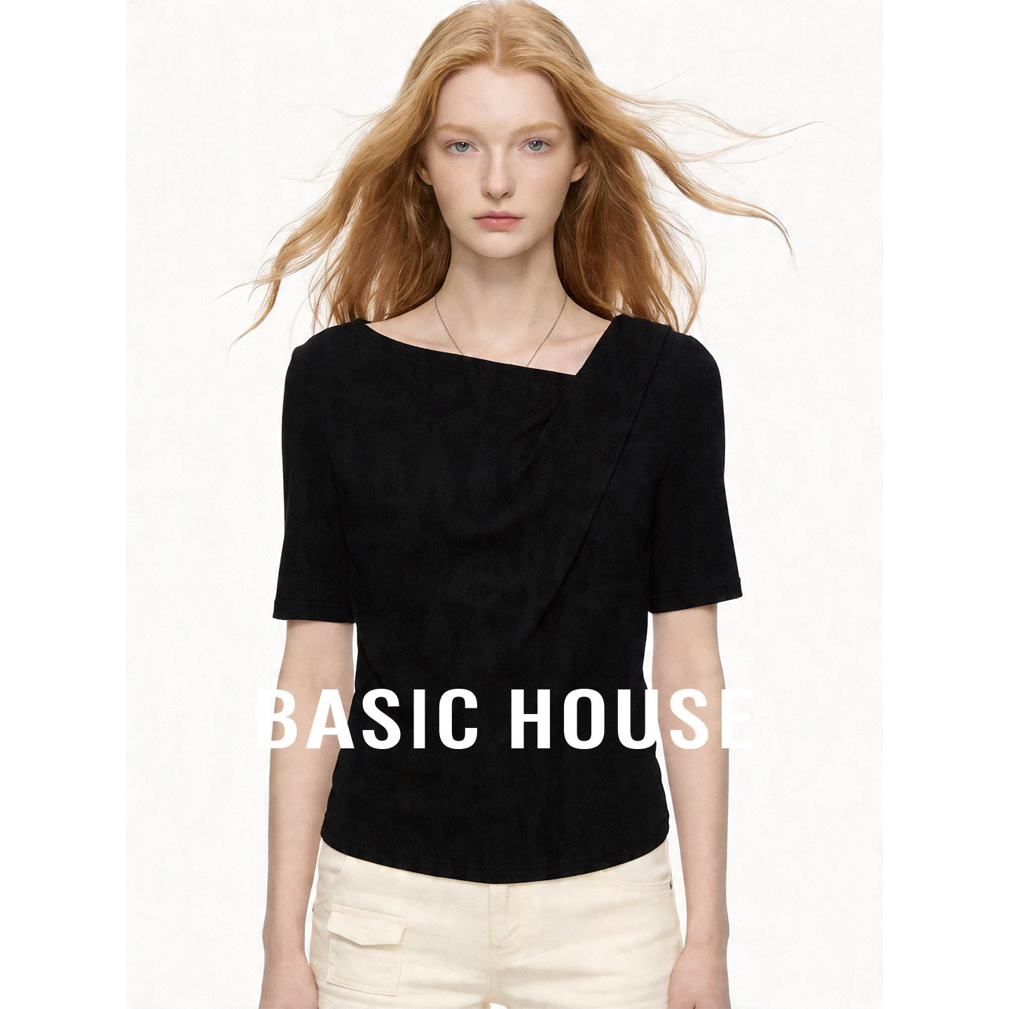 Basic House/百家好黑色荡领短袖T恤女2026夏季舒适百搭套头上衣