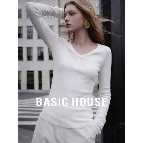 Basic House/百家好极简V领莱赛尔羊毛针织衫女白色显瘦长袖上衣