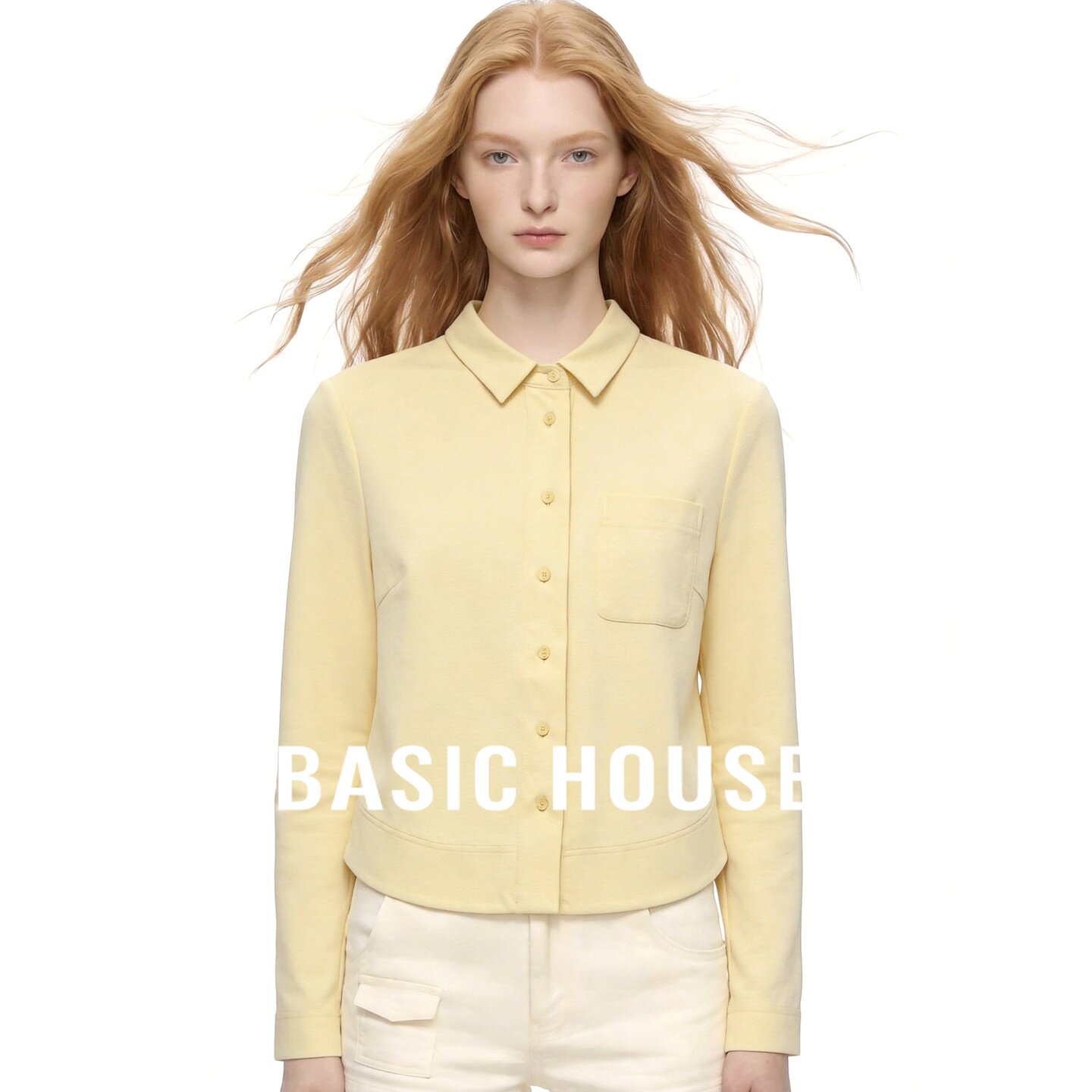 Basic House/百家好翻领长袖衬衫莱赛尔修身女秋季通勤极简浅黄色