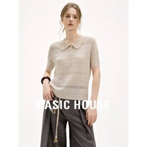 Basic House/百家好米色翻领镂空短袖针织衫女夏季莱赛尔休闲上衣