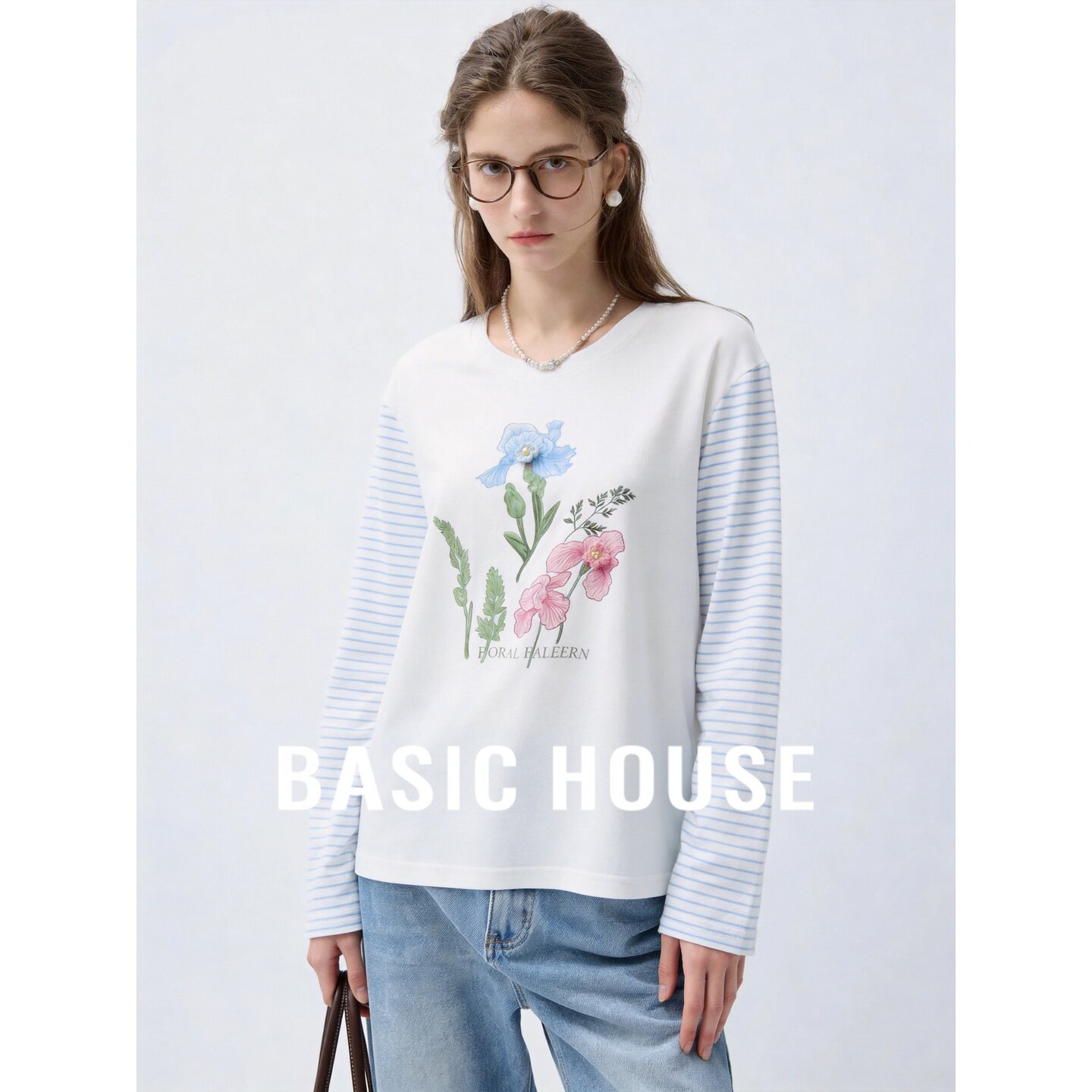 Basic House/百家好文艺风花卉印花长袖T恤女夏条纹拼接轻薄上衣