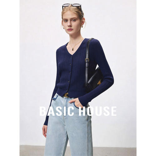 Basic House/百家好V领长袖针织开衫女春短款上衣薄款修身显瘦