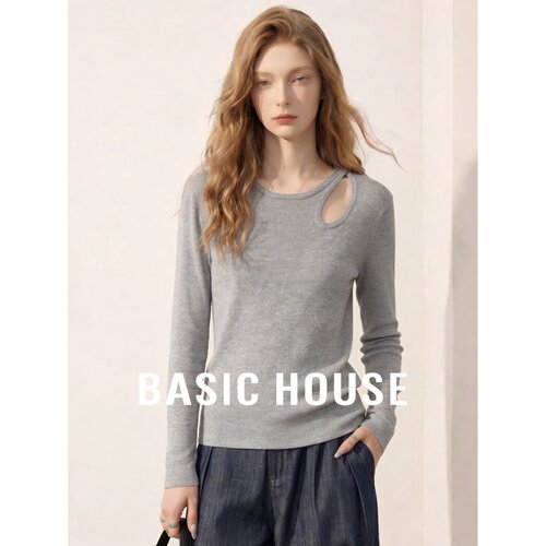 Basic House/百家好灰色镂空针织衫女长袖修身显瘦小心机上衣
