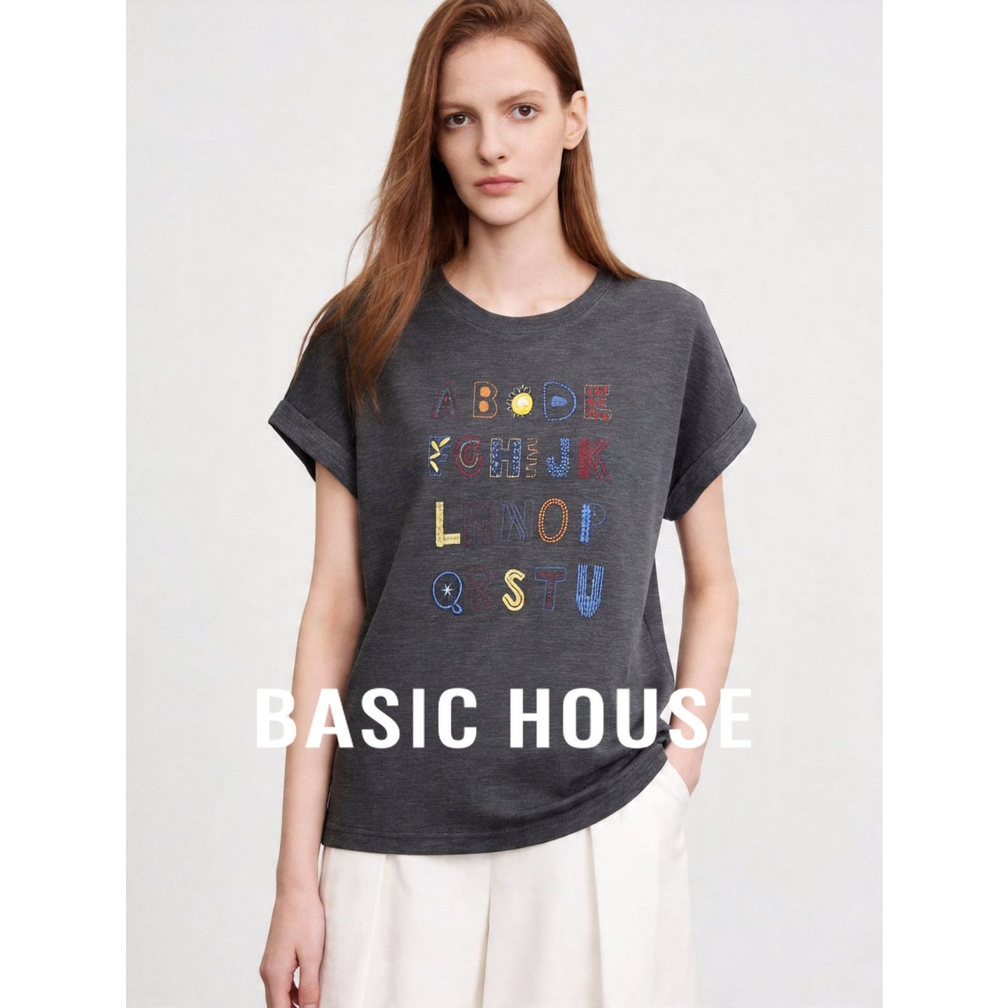 Basic House/百家好慵懒风字母刺绣短袖女夏季深灰色宽松显瘦T恤