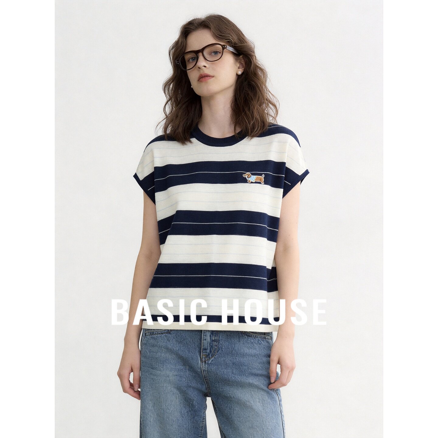 Basic House/百家好海军风撞色条纹无袖针织衫女夏慵懒小飞袖上衣