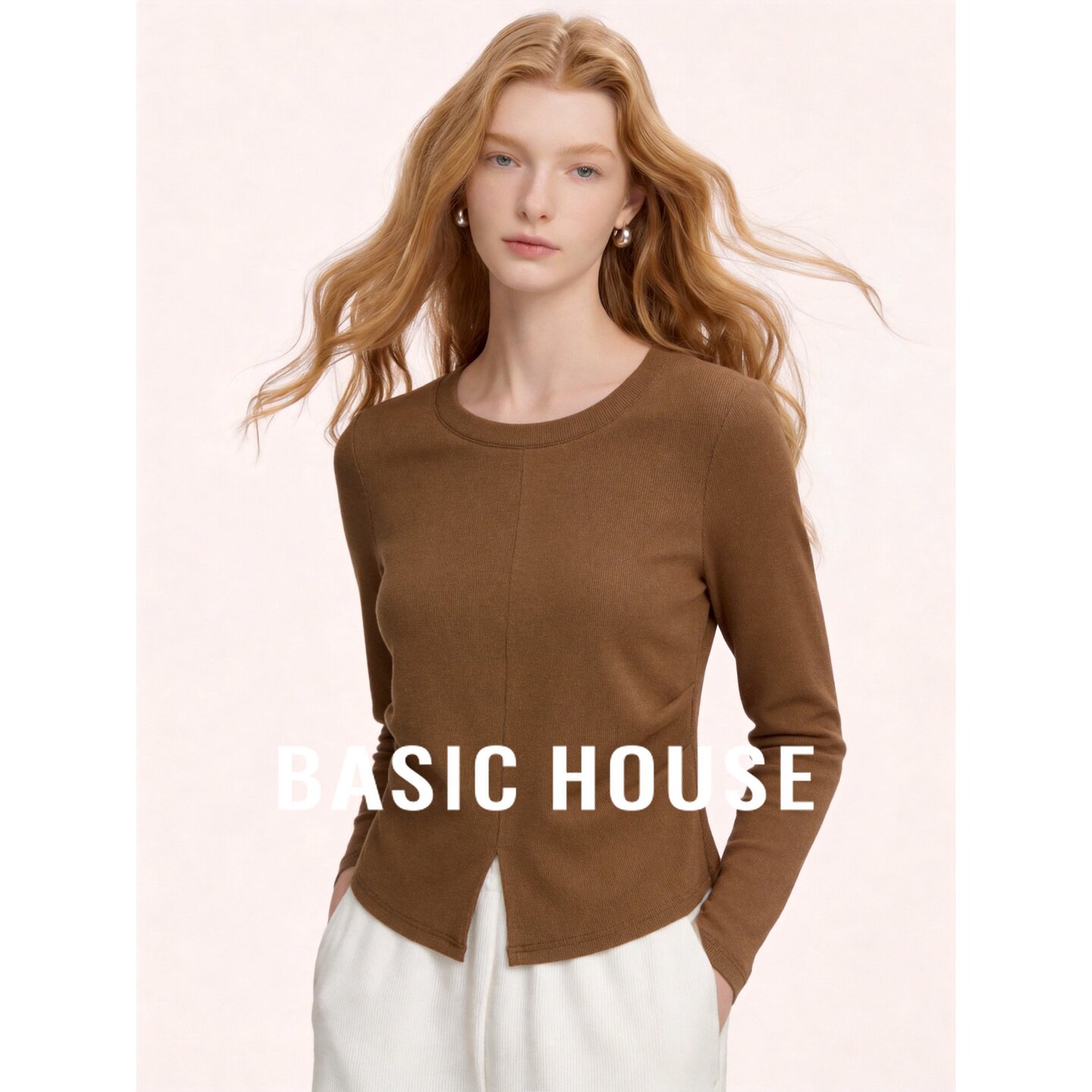 Basic House/百家好圆领长袖针织上衣修身开衩极简韩版棕色女装秋
