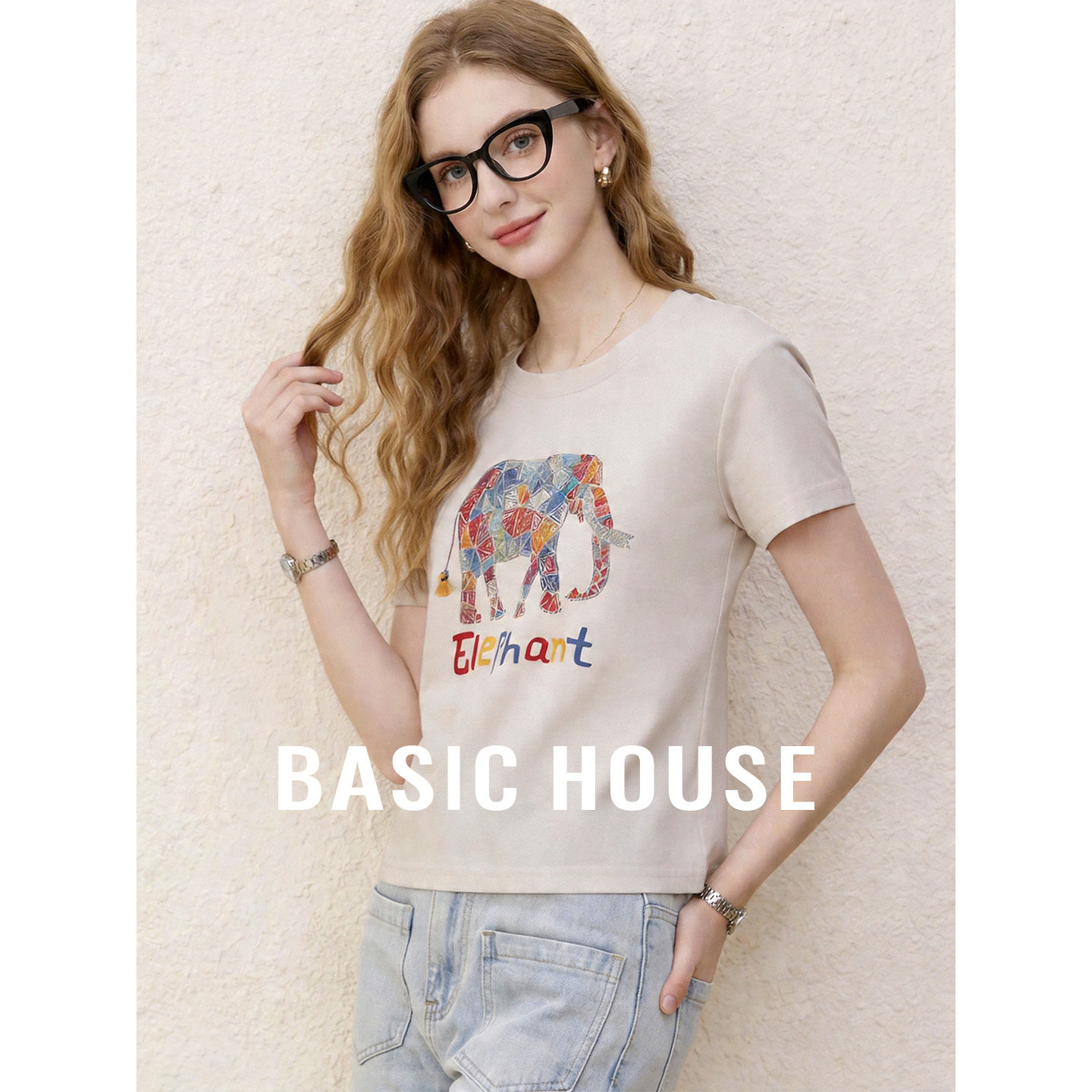 Basic House/百家好撞色小象印花短袖T恤女夏季百搭短款套头上衣