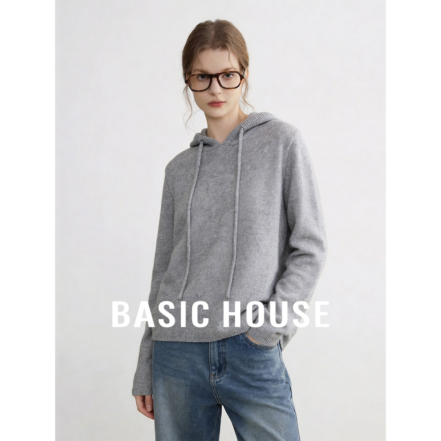 Basic House/百家好灰色连帽简约宽松针织衫女夏季舒适百搭上衣
