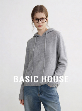 Basic House/百家好灰色连帽简约宽松针织衫女夏季舒适百搭上衣