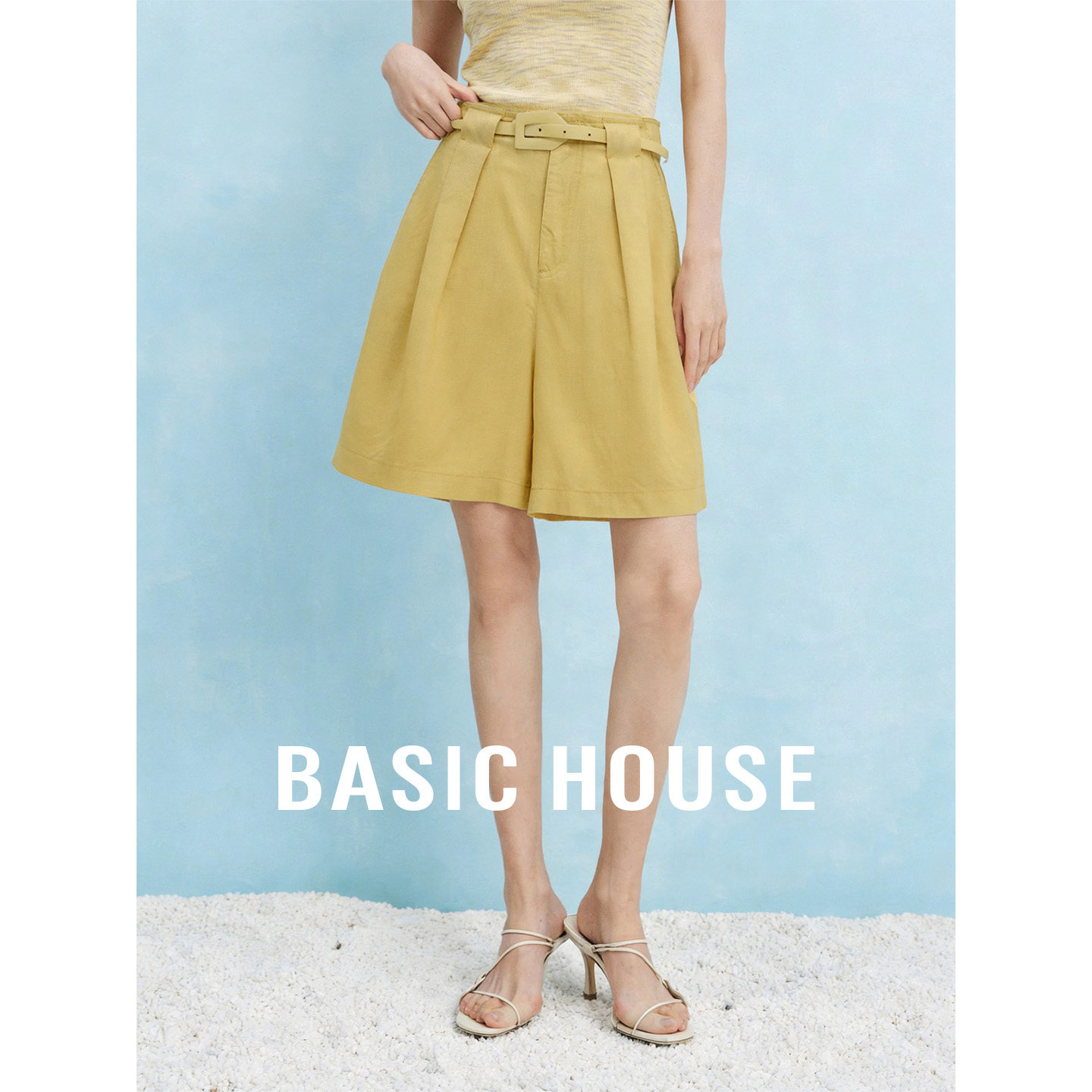 Basic House/百家好黄色高腰舒适百搭休闲裤女夏季莱赛尔透气短裤
