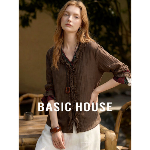 Basic House/百家好法式复古风V领荷叶边衬衫女长袖宽松亚麻上衣