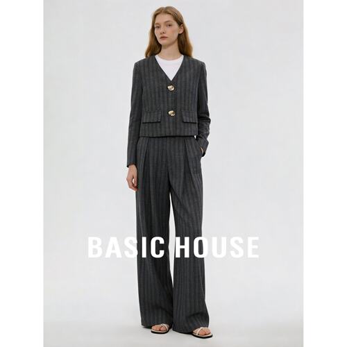 Basic House/百家好高级感条纹西装套装V领短外套直筒长裤两件套