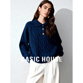House 百家好冬季 简约短款 Basic 绞花毛衣2026新款 Polo领套头上衣