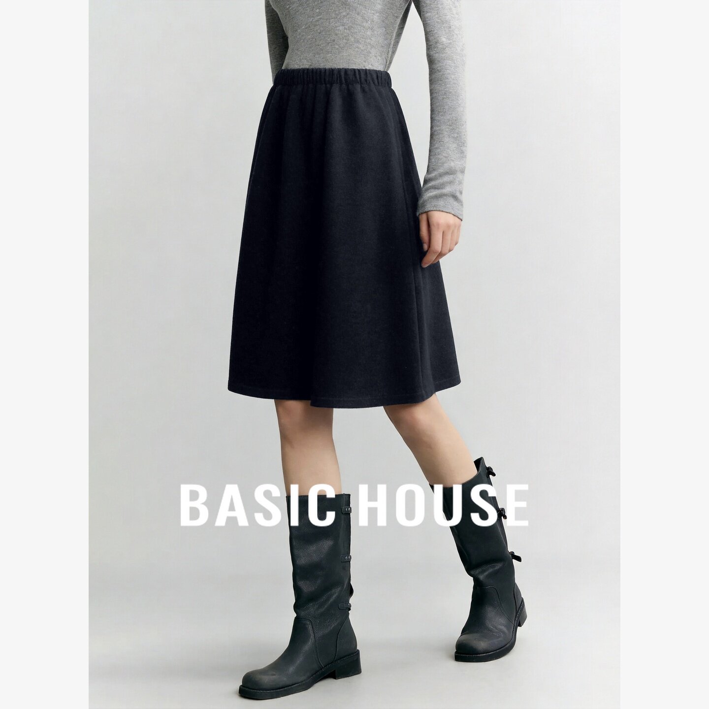 Basic House/百家好毛呢半身裙中长款A字高腰显瘦百搭通勤风裙子
