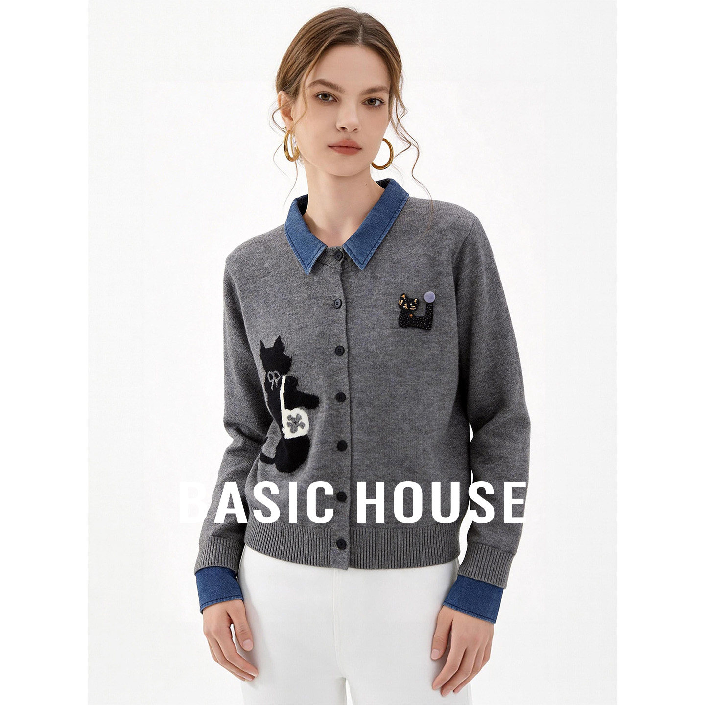 Basic House/百家好猫咪刺绣设计感毛衣开衫女春季超好看百搭上衣