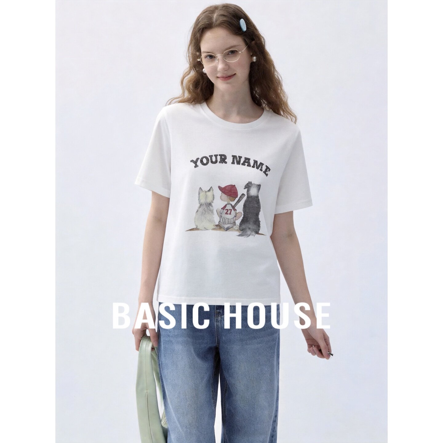 Basic House/百家好休闲简约白色短袖含棉T恤女宽松印花上衣百搭