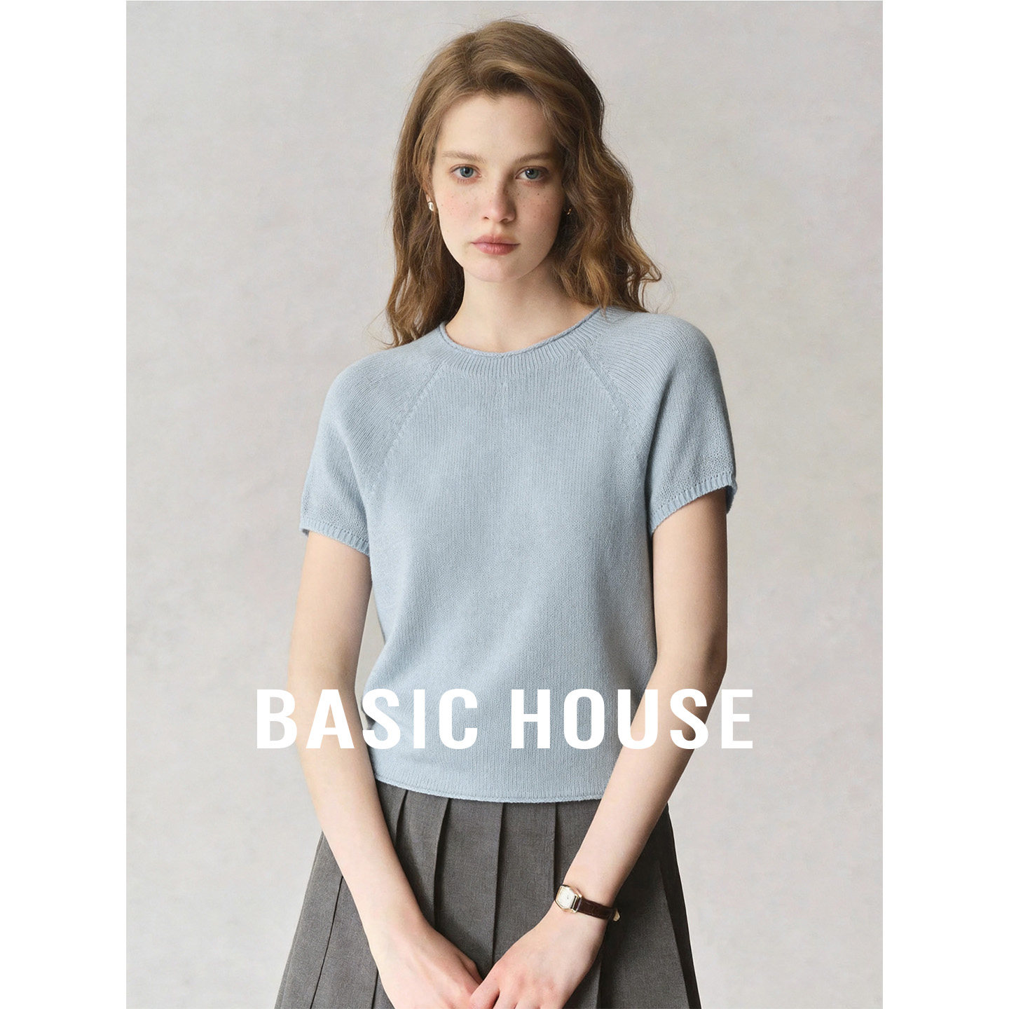 Basic House/百家好圆领天蓝色清新透气短袖针织衫女夏季舒适上衣