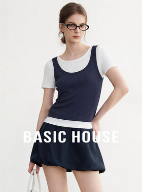 Basic House/百家好藏青色假两件针织T恤女夏季撞色拼接短袖上衣